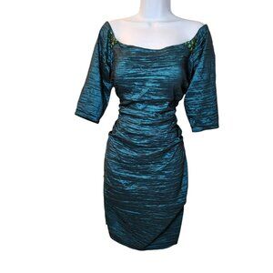 Alex Evenings Size 12 Teal Green Ruched Cocktail Dress Beaded Shoulders EUC